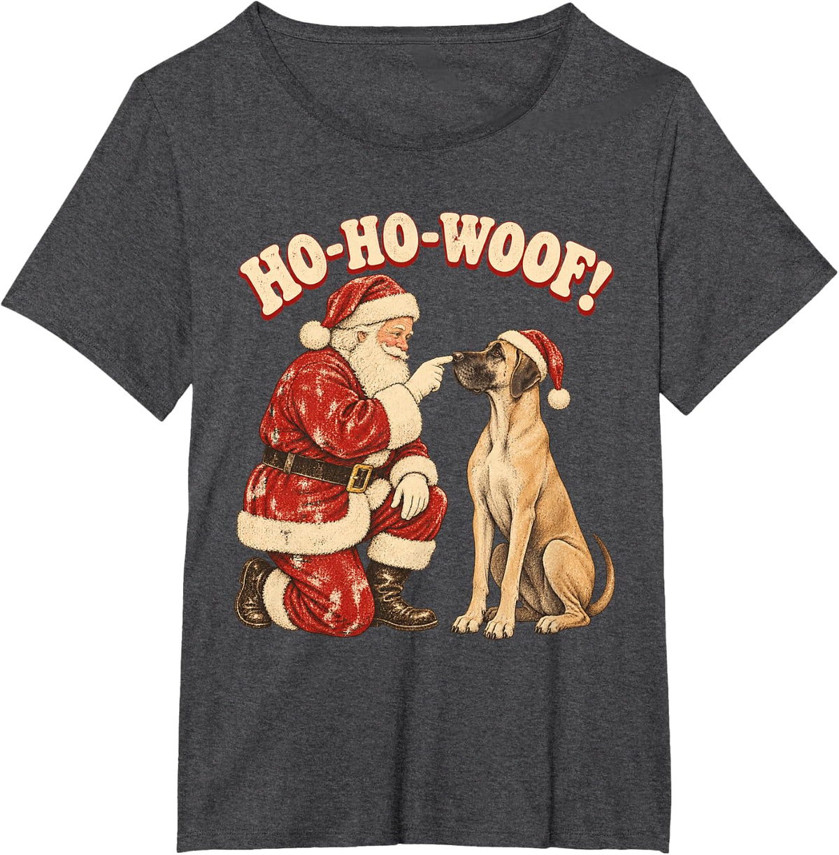 Santa Great Dane Retro Christmas Dog Ho Ho Woof T-Shirt - Dark Heather Grey