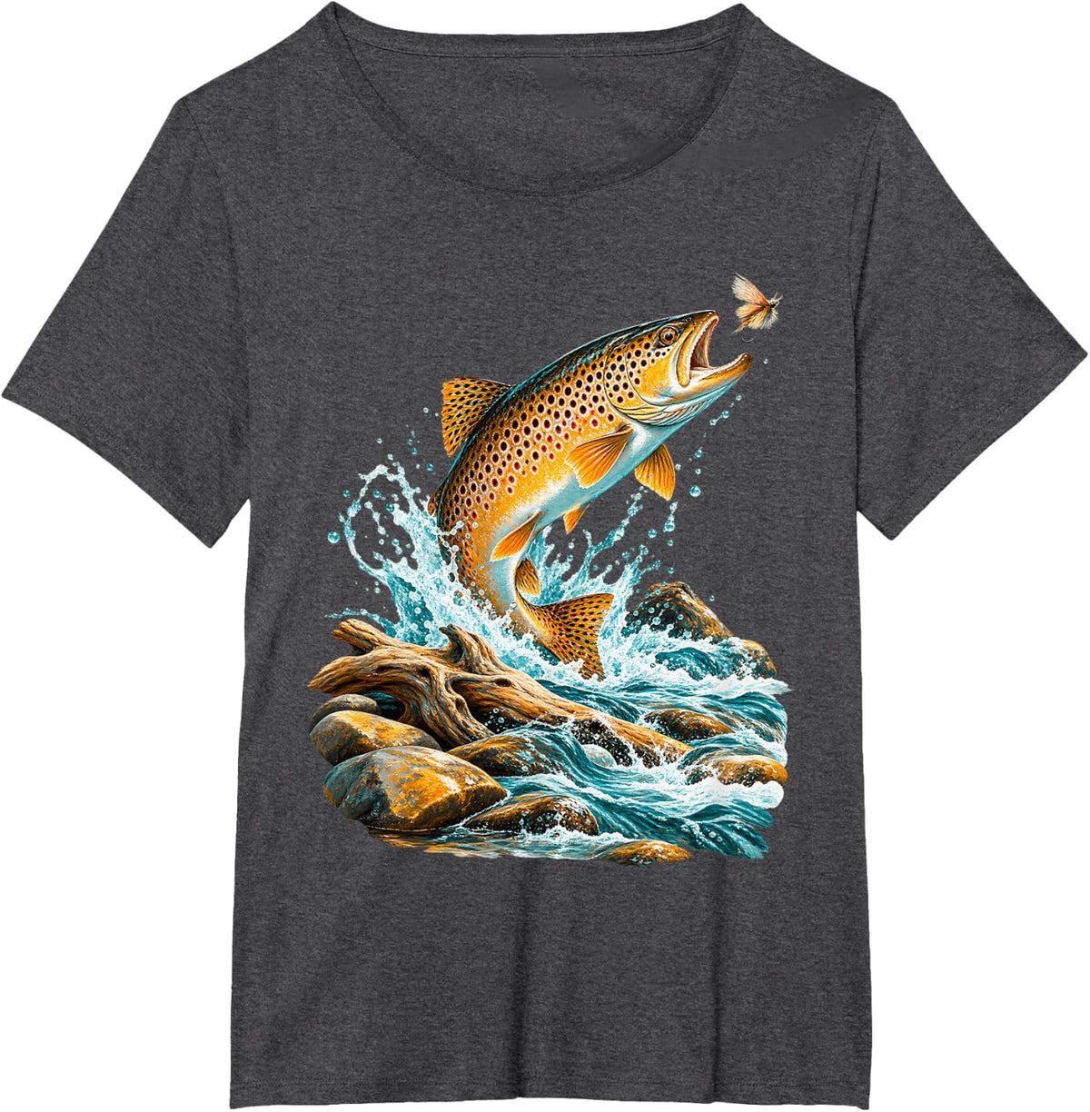 Leaping Brown Trout in Rocky Stream T-Shirt - Dark Heather Grey