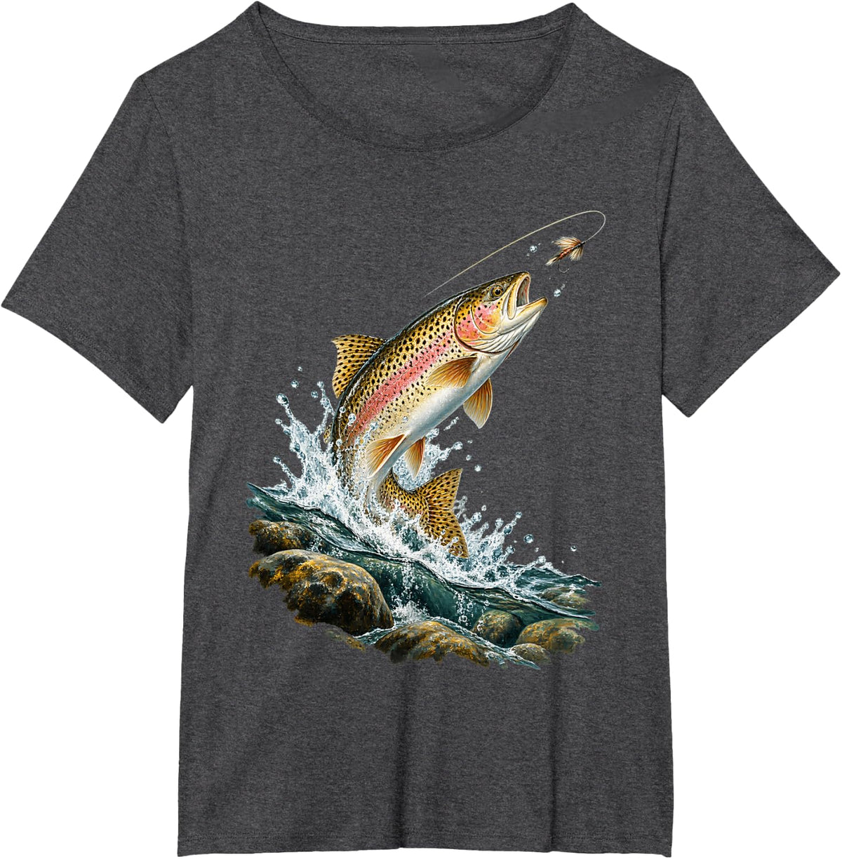 Leaping Trout Chasing Fly Above Rocks T-Shirt - Dark Heather Grey