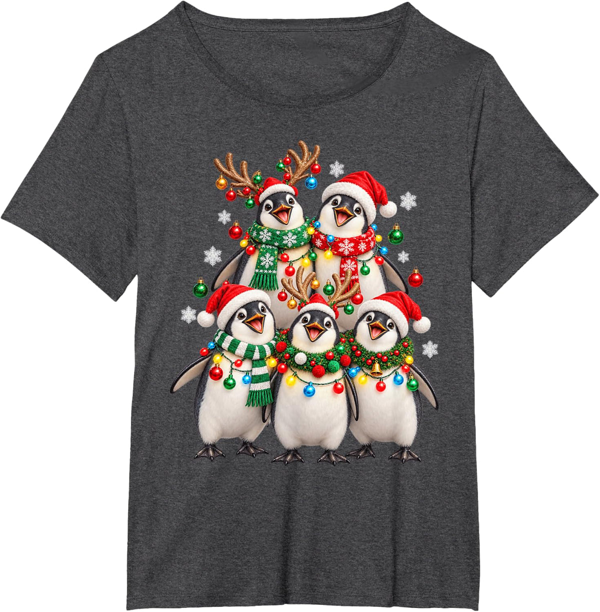 Christmas Lights Penguin Santa Funny Xmas Trees T-Shirt - Dark Heather Grey