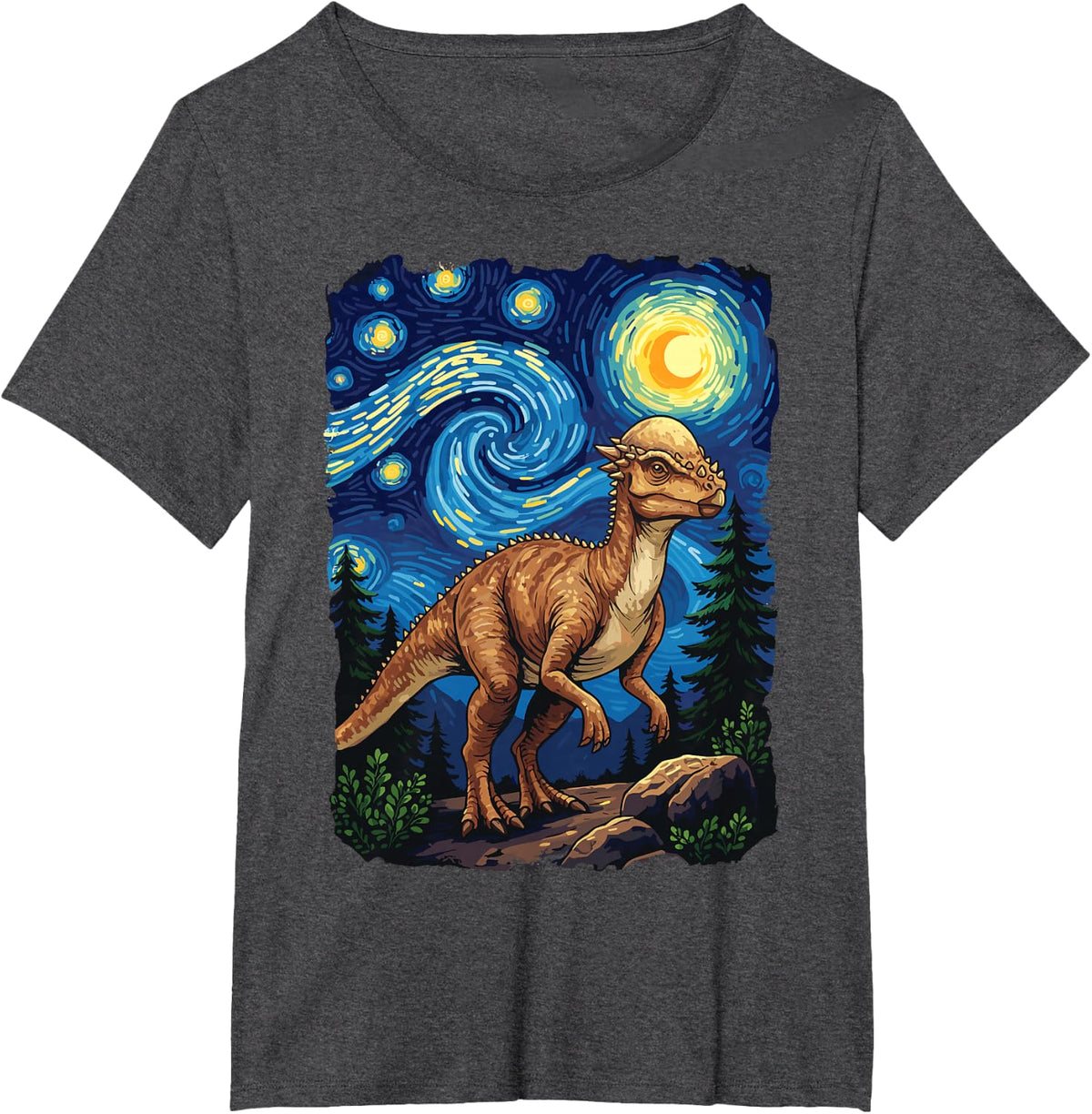 Pachycephalosaurs Dinosaur Starry Night Van Gogh Dino T-Shirt - Dark Heather Grey