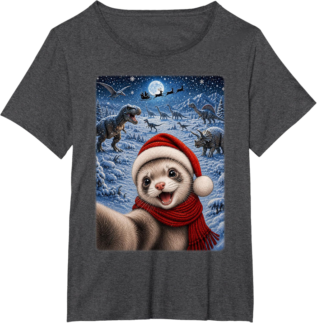 Xmas Dinosaurs Moon Night Starry Themed Ferret Christmas T-Shirt - Dark Heather Grey