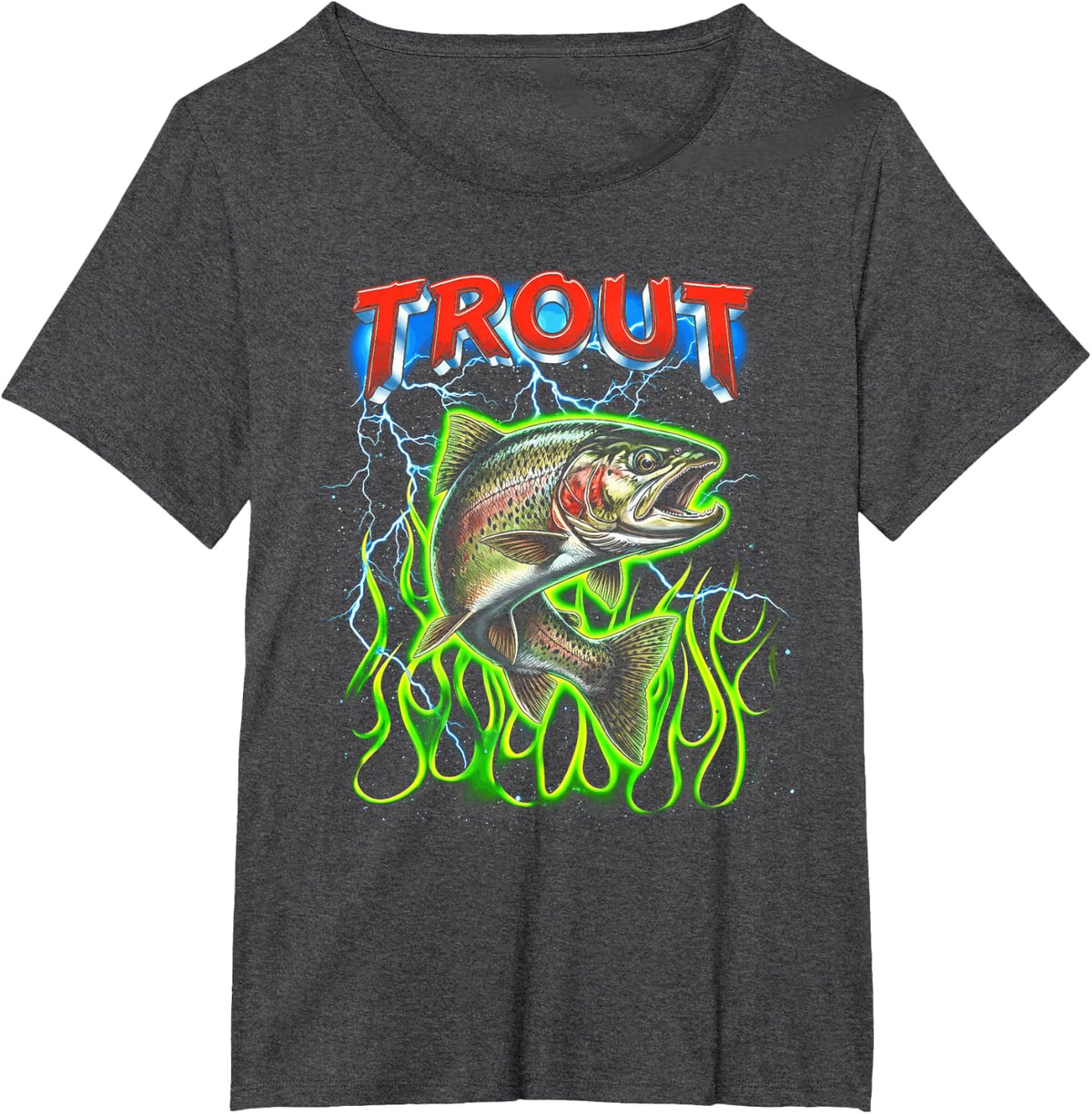 Trout Blitz Lightning Storm Green Flames T-Shirt - Dark Heather Grey