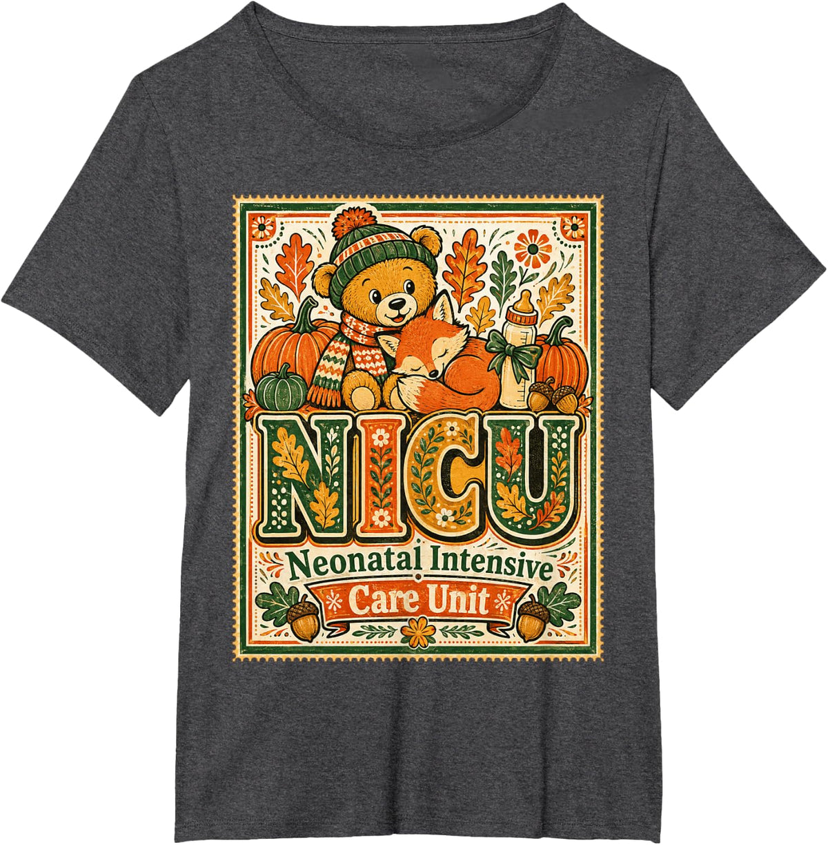 NICU Neonatal Intensive Care Nurse Bear Pumpkin Halloween T-Shirt - Dark Heather Grey