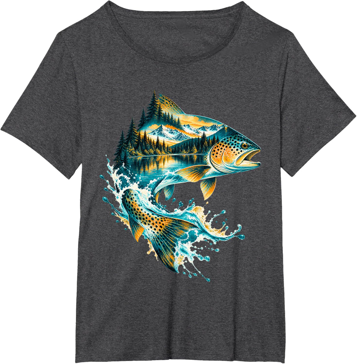 Leaping Trout with Mountain Lake Scene T-Shirt - Dark Heather Grey