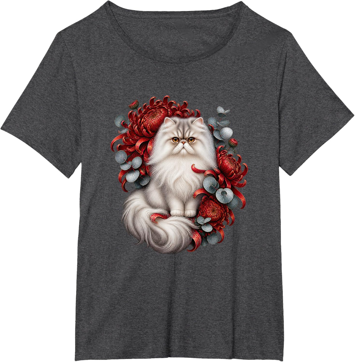 Persian Cat with Red Chrysanthemums and Silver Eucalyptus T-Shirt - Dark Heather Grey