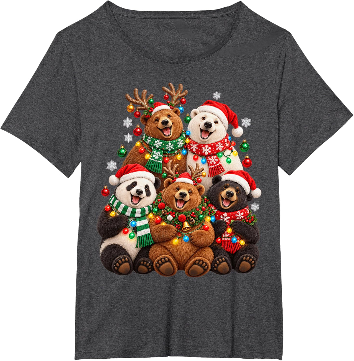 Christmas Lights Bear Santa Funny Xmas Trees T-Shirt - Dark Heather Grey