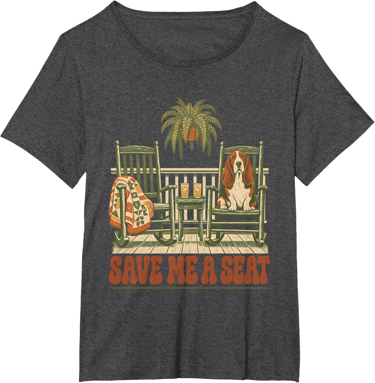 Save Me A Seat Basset Hound Porch Scene T-Shirt - Dark Heather Grey