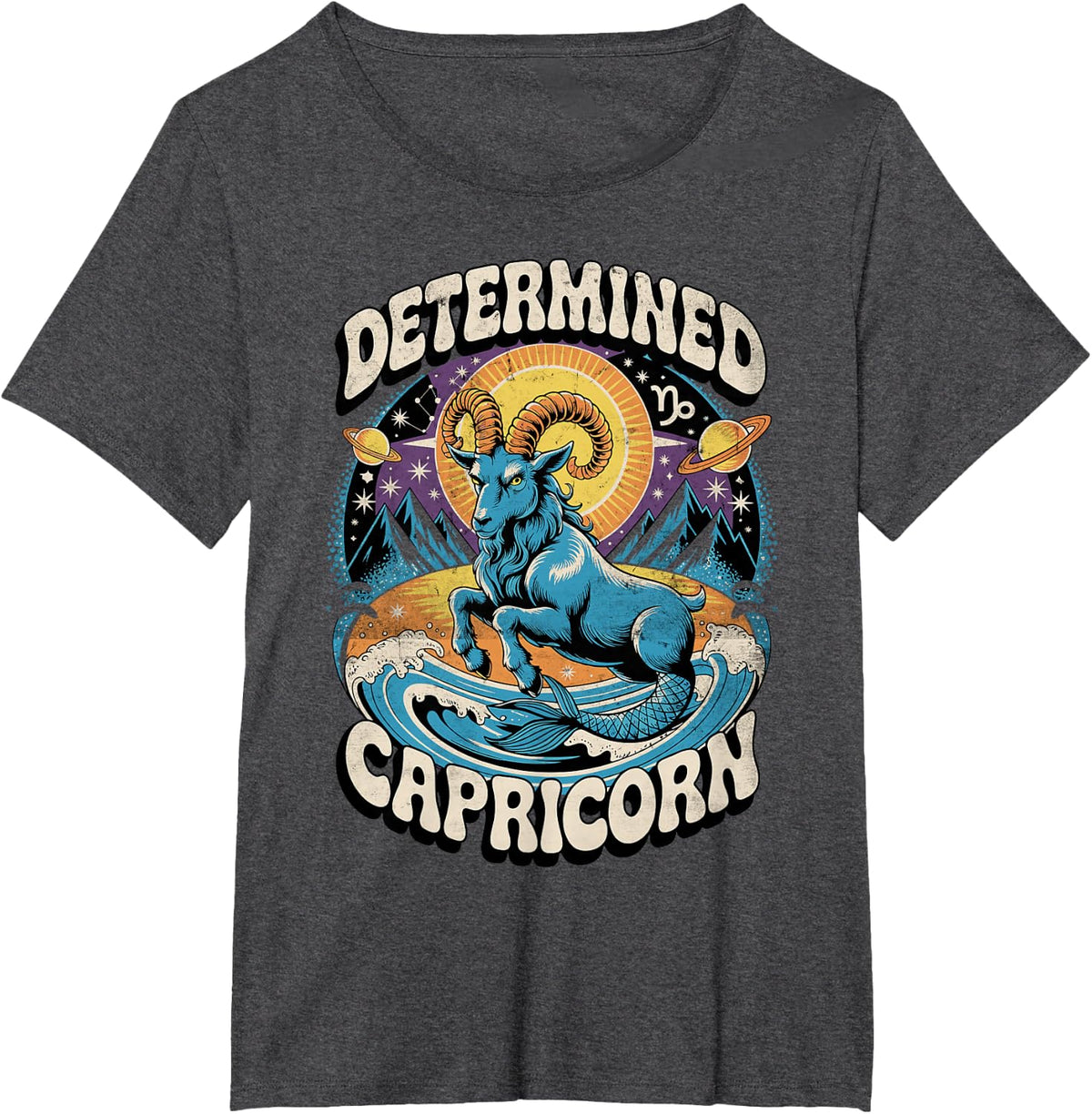 Determined Capricorn Sea-Goat Retro Zodiac Design T-Shirt - Dark Heather Grey