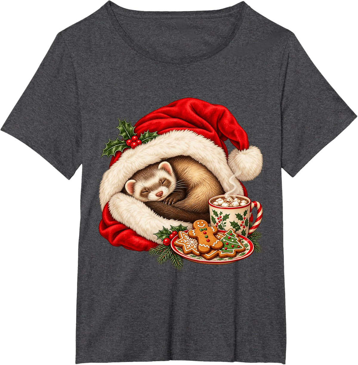 Cute Sleeping Ferret Christmas Santa Hat Cozy Holiday T-Shirt - Dark Heather Grey