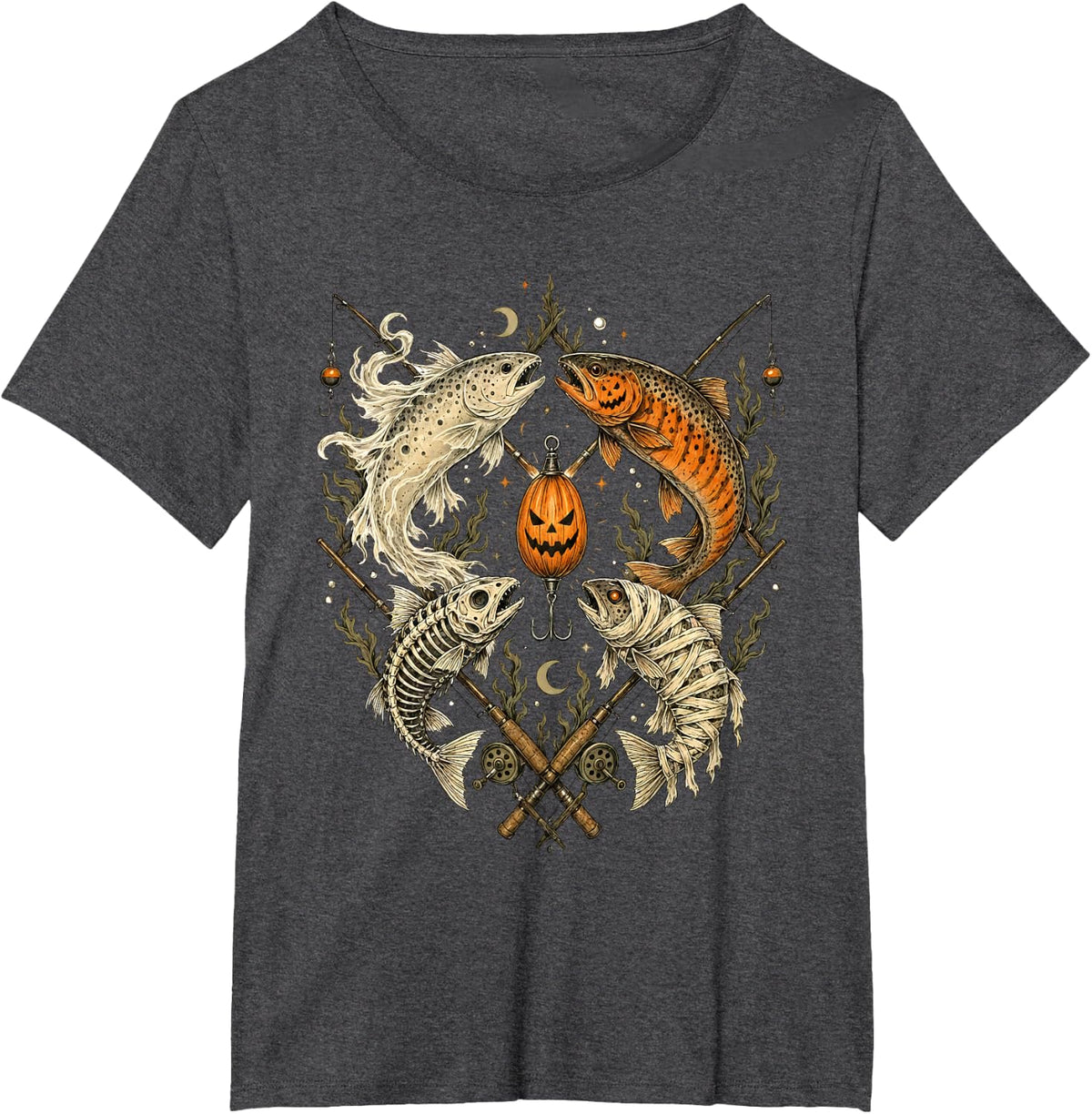 Halloween Trout Fish Ghost Pumpkin Skeleton Mummy T-Shirt - Dark Heather Grey