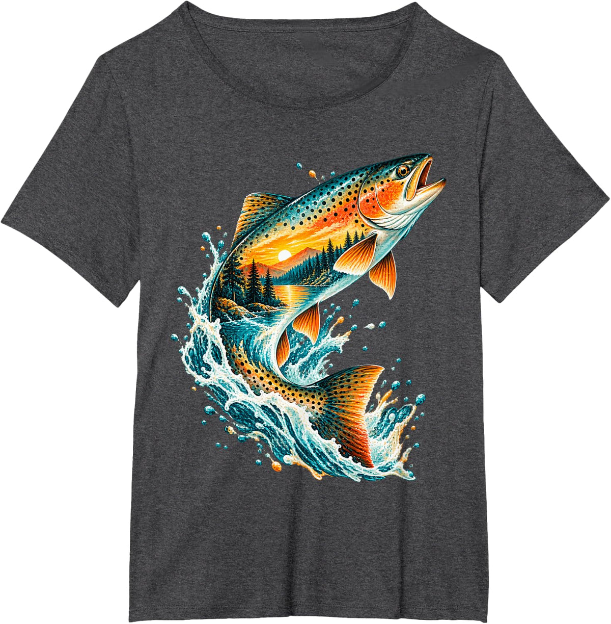 Leaping Trout with Sunset Mountain Scene T-Shirt - Dark Heather Grey