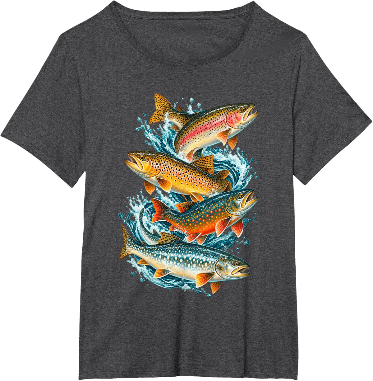 Four Trout Leaping in Blue Water T-Shirt - Dark Heather Grey
