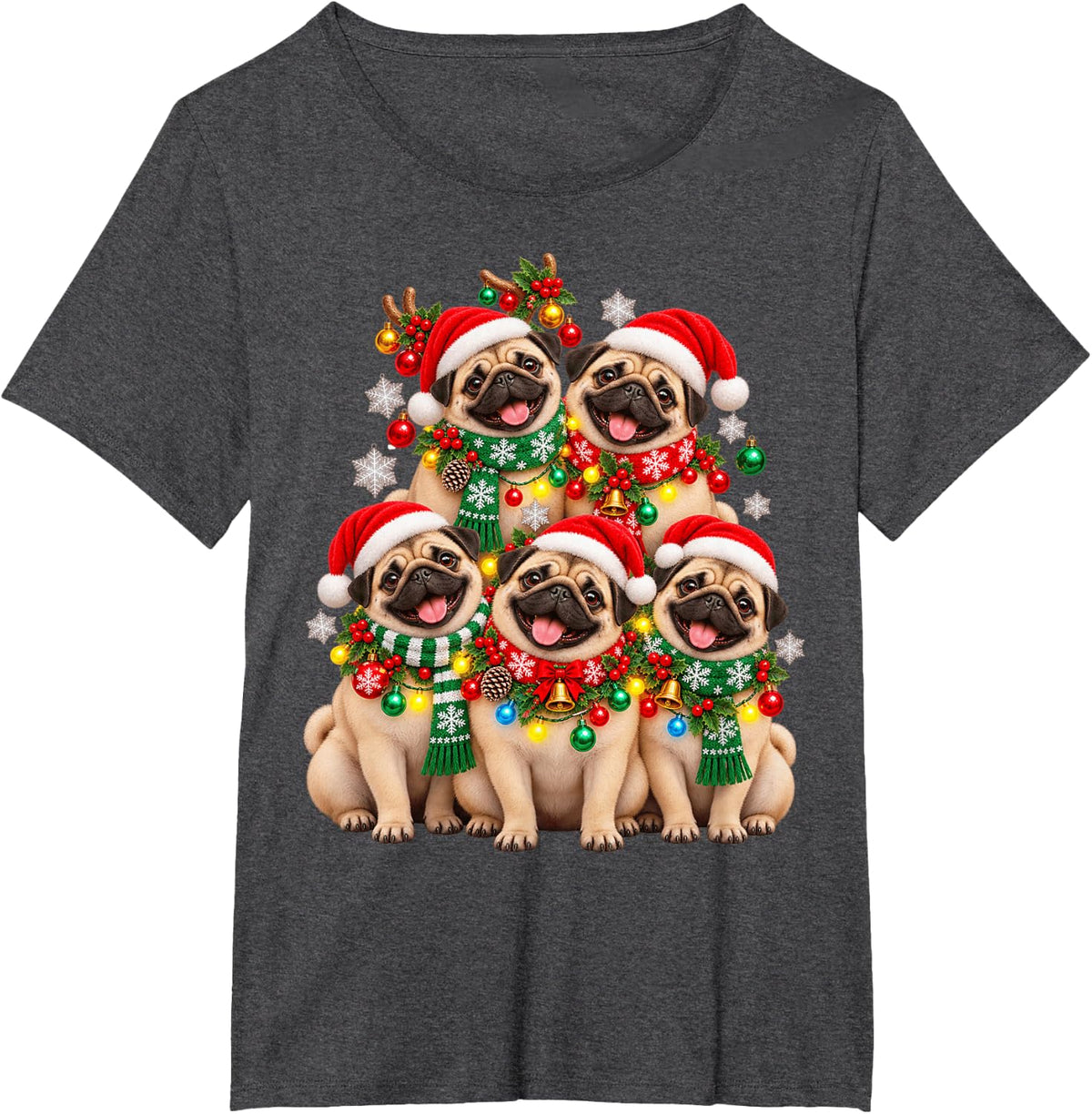 Christmas Lights Pug Santa Funny Xmas Trees T-Shirt - Dark Heather Grey