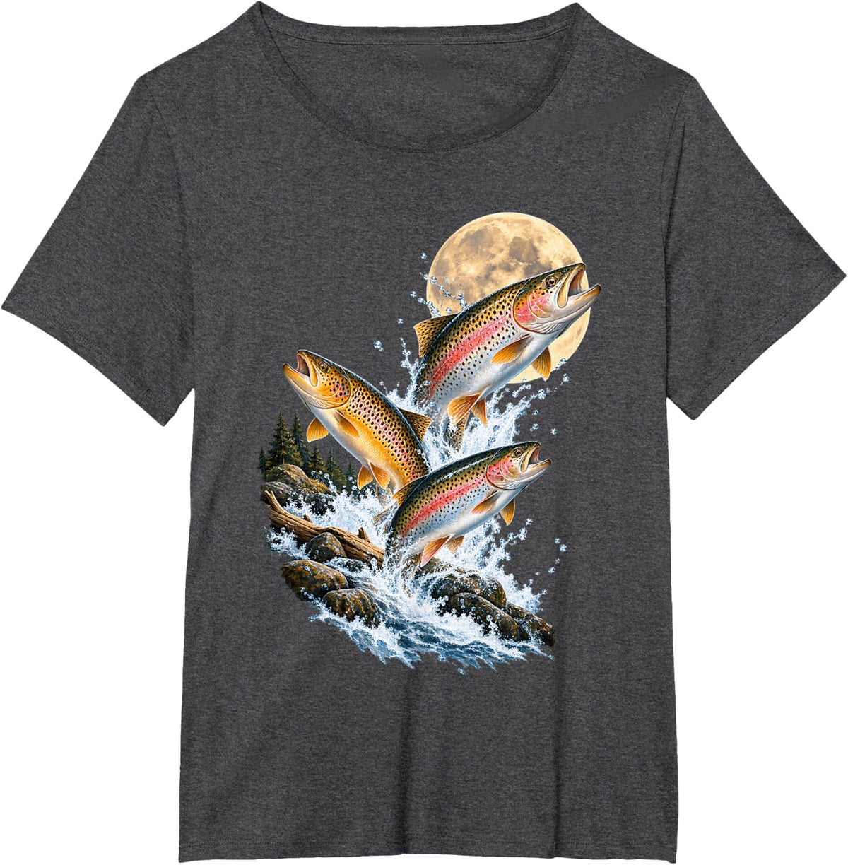 Three Trout Leaping in Moonlit River T-Shirt - Dark Heather Grey