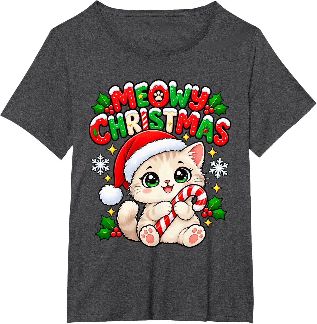 Meowy Christmas Cute Cat Kitten Santa Hat Candy Cane Fun T-Shirt - Dark Heather Grey