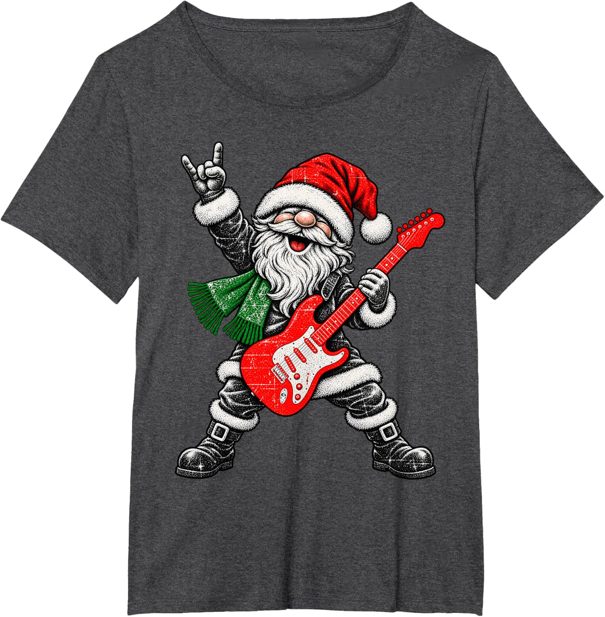 Vintage Gnome Rock Playing Guitar Funny Christmas T-Shirt - Dark Heather Grey