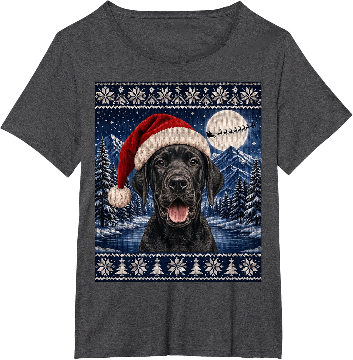 Cute Black Great Dane Puppy Dog Santa Ugly Christmas T-Shirt - Dark Heather Grey