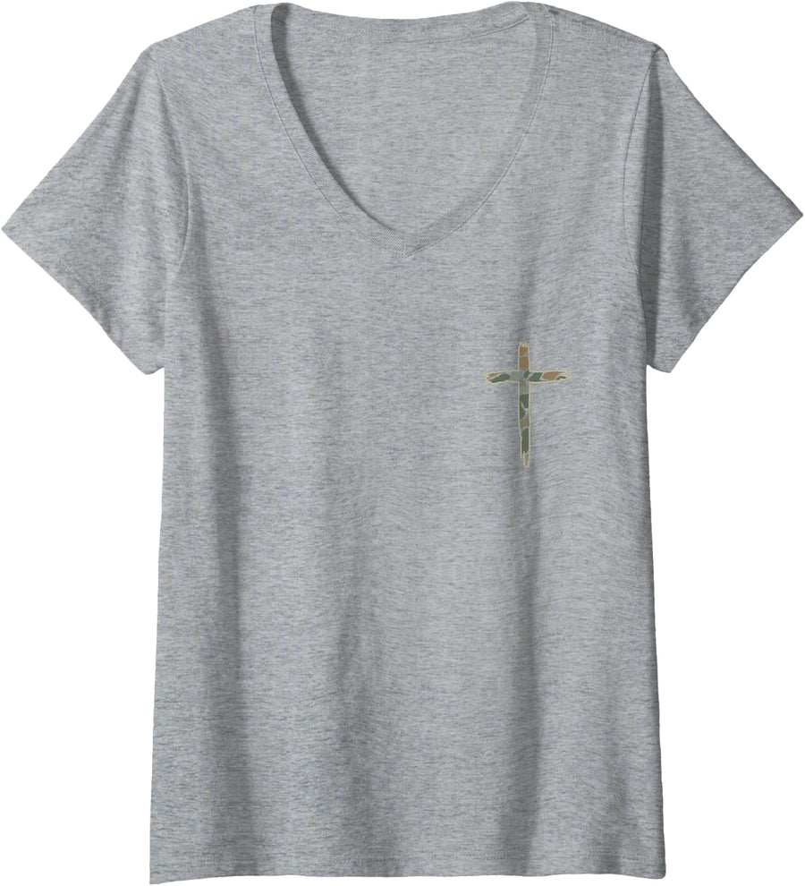 Women's Christian Elk Hunting Cross (Design on Front and Back) V-Neck T-Shirt - Heather Grey