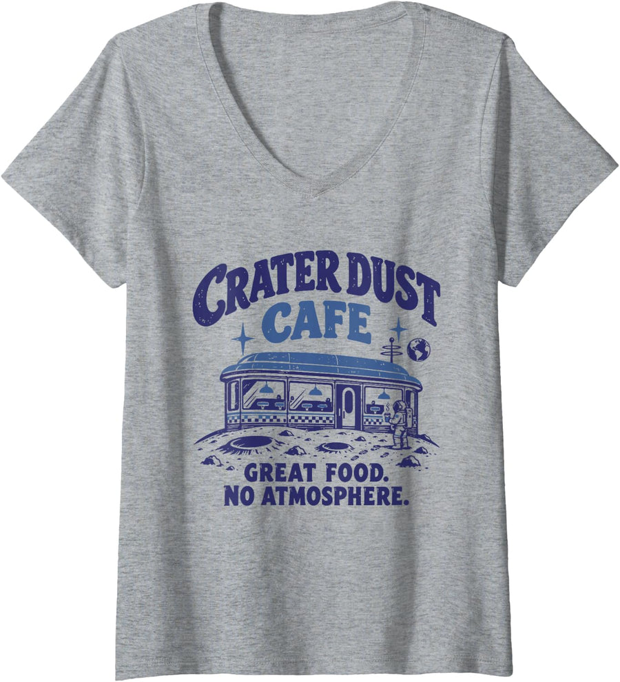Women's Crater Dust Cafe Funny Retro Moon Diner Astronaut Design V-Neck T-Shirt - Heather Grey