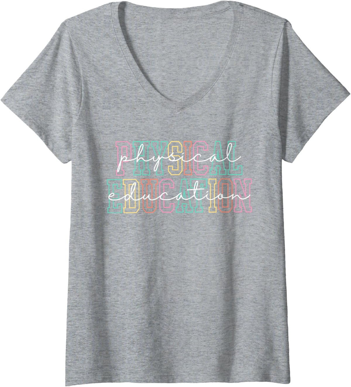Women's Physical Education Pastel Varsity Lettering and Script V-Neck T-Shirt - Heather Grey