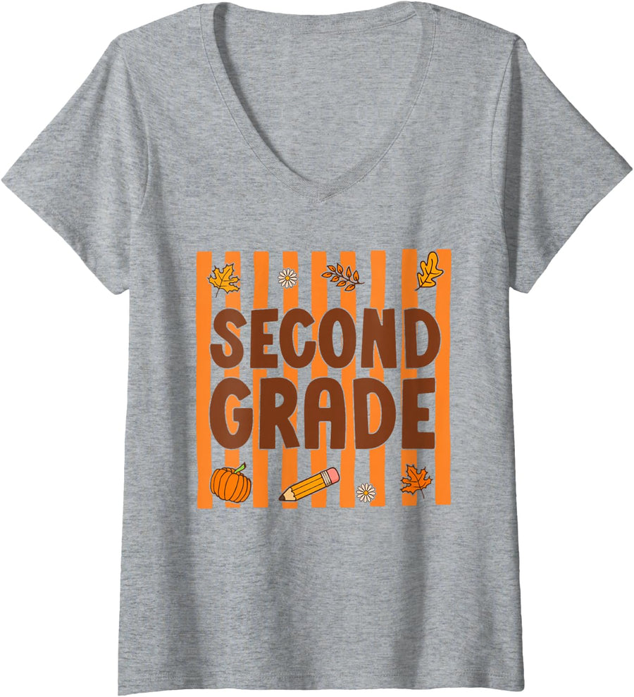 Women's Second Grade Thanksgiving Autumn Fall Teacher Women Kids V-Neck T-Shirt - Heather Grey