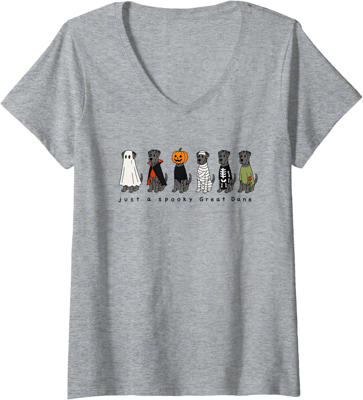 Women's Great Dane Cute Dog Lover Spooky Fall Halloween Graphic V-Neck T-Shirt - Heather Grey