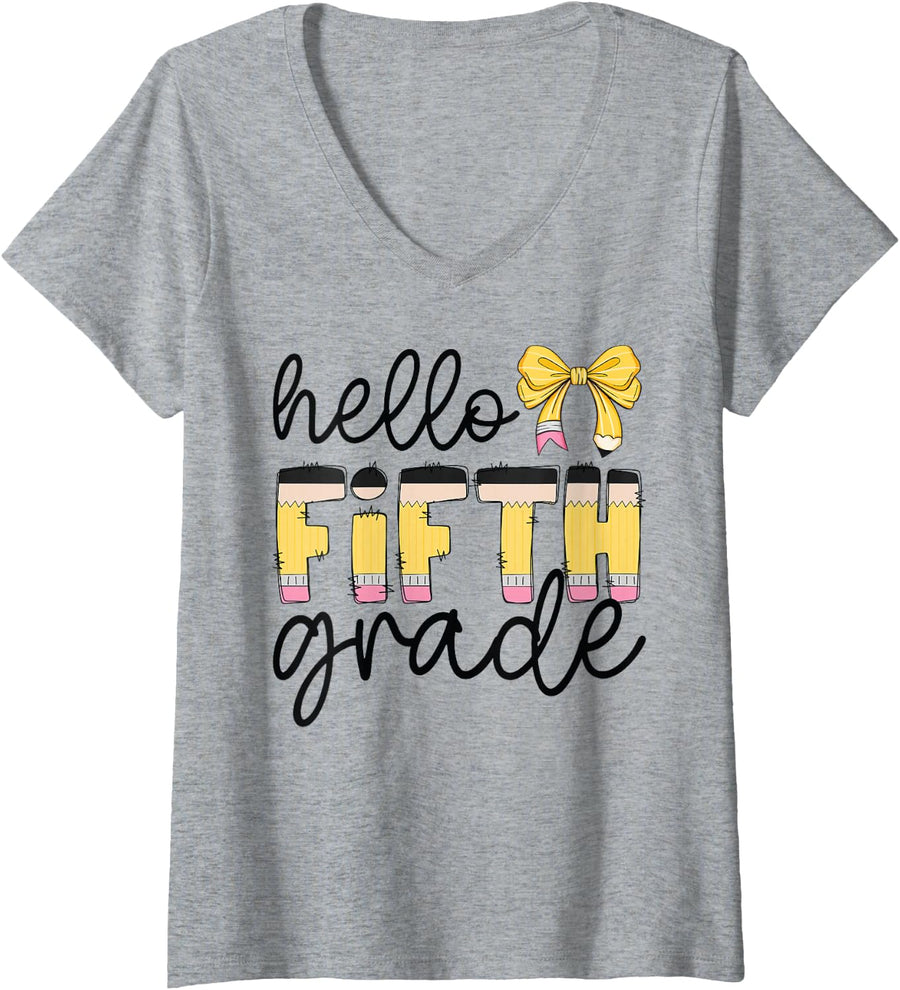 Women's Hello Fifth Grade Back to School 5th Grade Teacher Kids V-Neck T-Shirt - Heather Grey