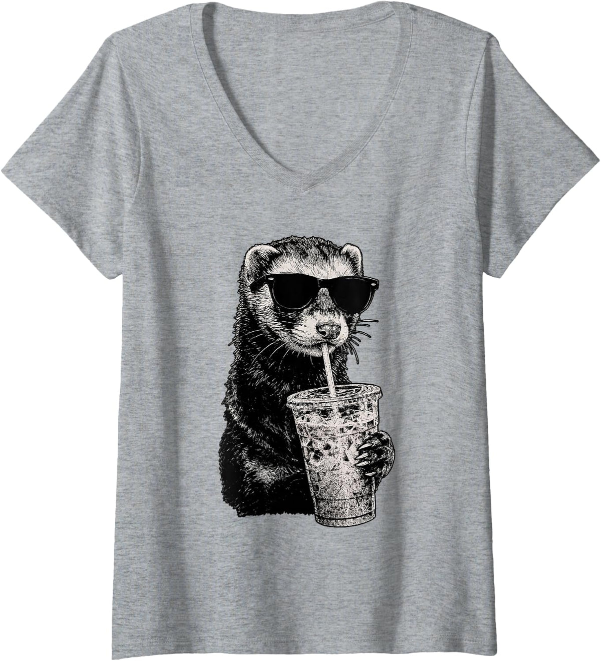 Women's Ferret Drinking Iced Coffee Wildlife Animal Humor V-Neck T-Shirt - Heather Grey