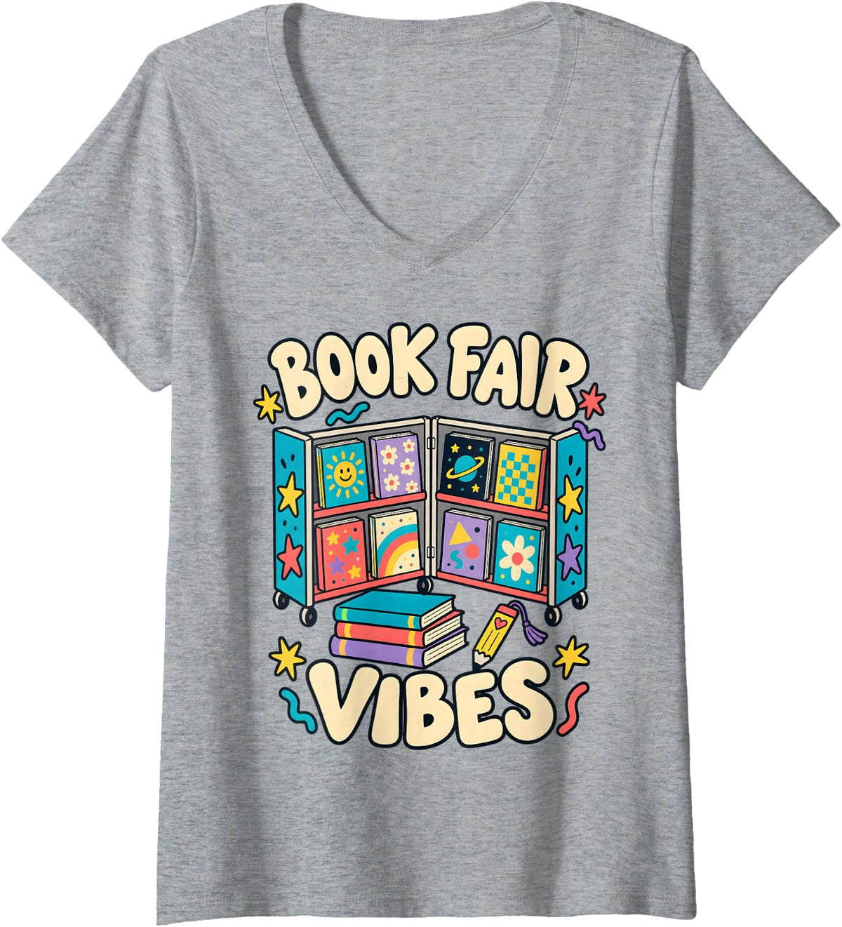 Women's Fair Vibes School Reading Teacher Librarian Book Lover V-Neck T-Shirt - Heather Grey