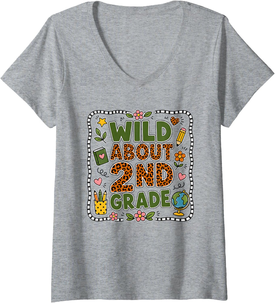 Women's Funny Teacher Wild About 2nd Grade Men Women Kids Boys Girls V-Neck T-Shirt - Heather Grey