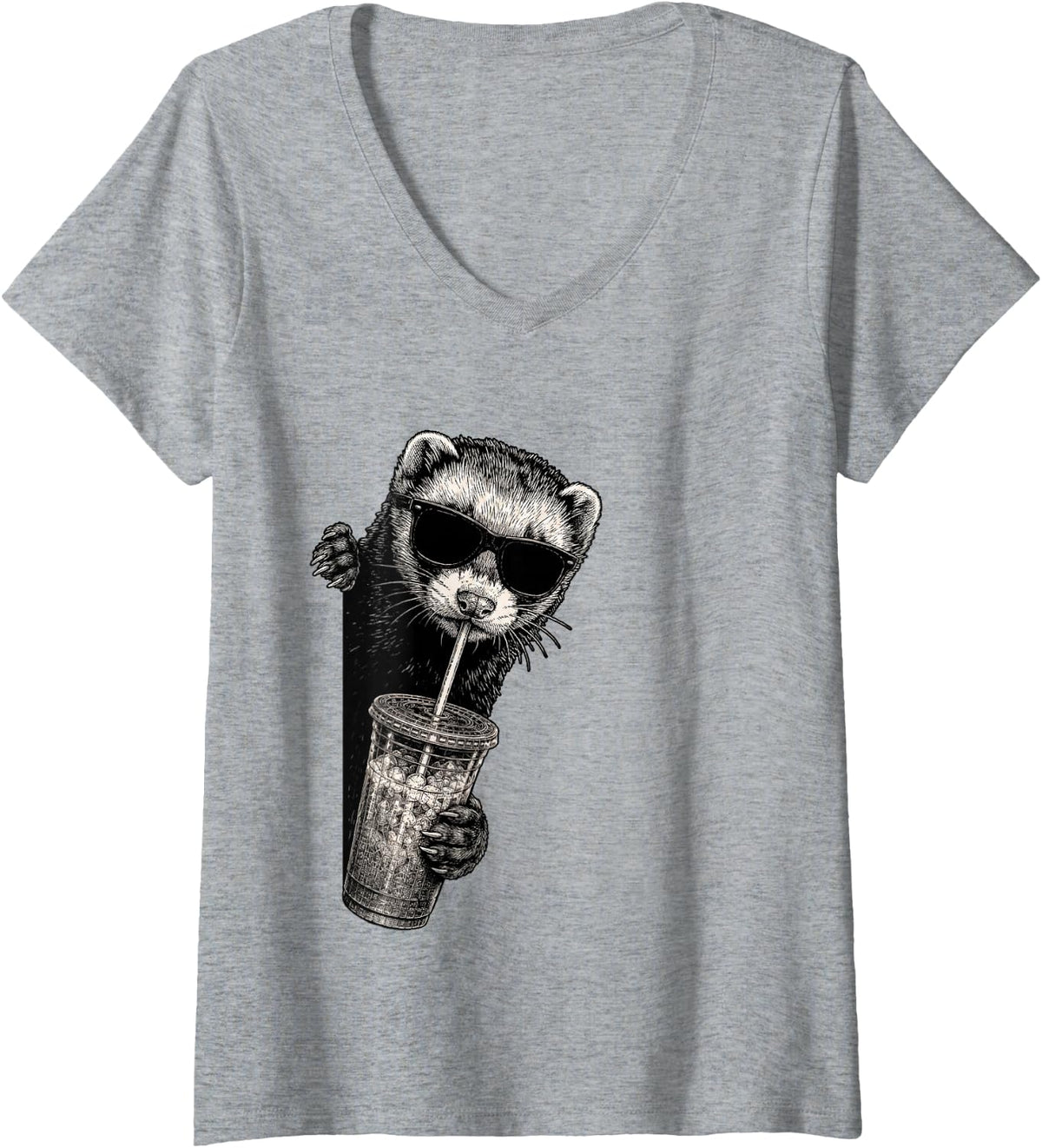 Women's Funny Ferret Peeking Drinking Iced Coffee Humor V-Neck T-Shirt - Heather Grey