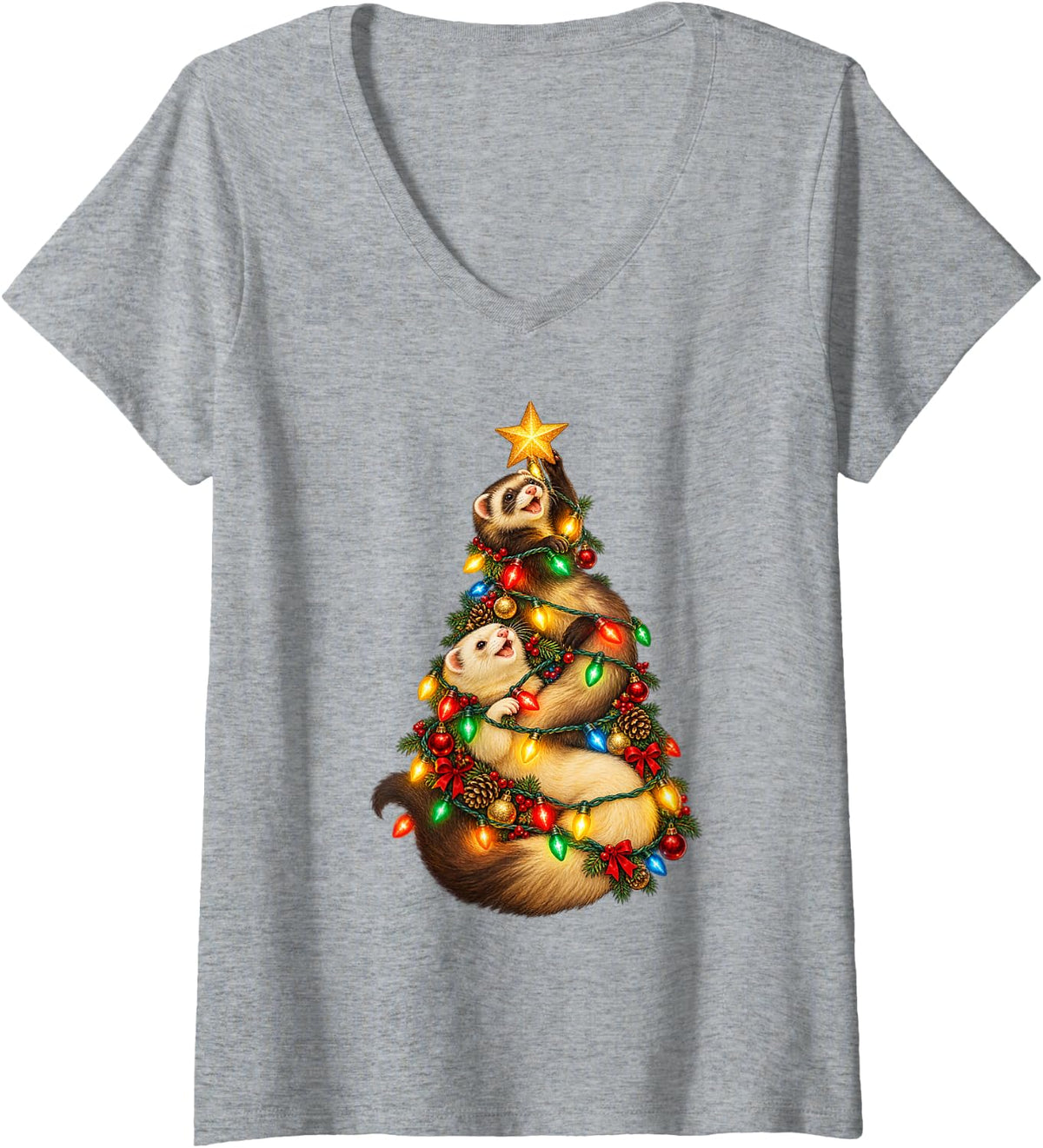 Women's Cute Ferret Christmas Tree Funny Ferret Lover Holiday V-Neck T-Shirt - Heather Grey