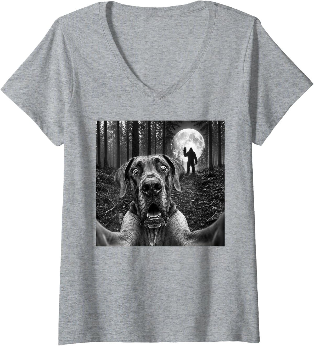 Women's Great Dane Selfie with Bigfoot Peace Sign Dog Sasquatch V-Neck T-Shirt - Heather Grey