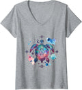Women's Celestial Sea Turtle Boho Artwork V-Neck T-Shirt - Heather Grey