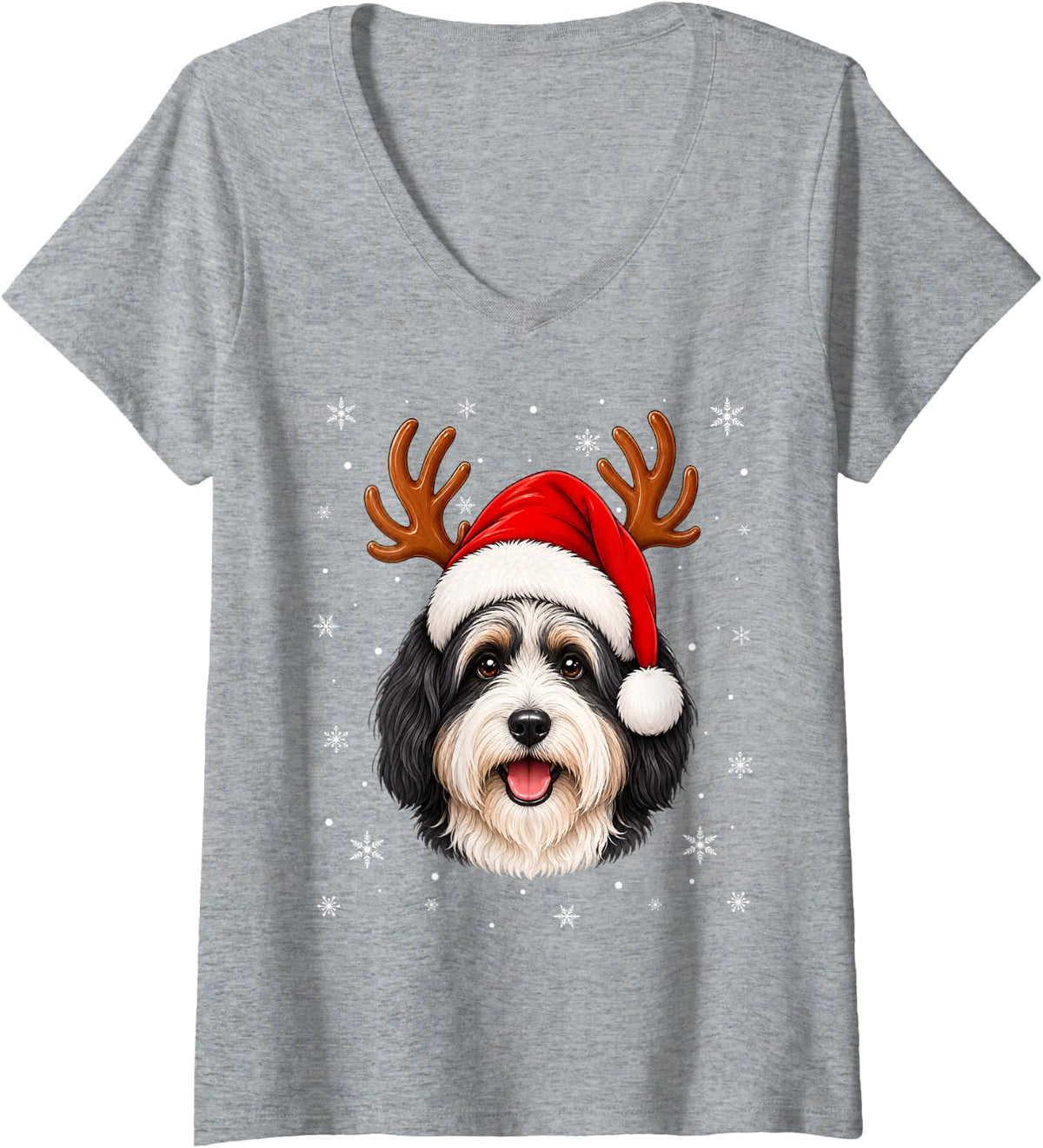 Women's Cute Reindeer Horn Santa Havanese Dog Christmas V-Neck T-Shirt - Heather Grey