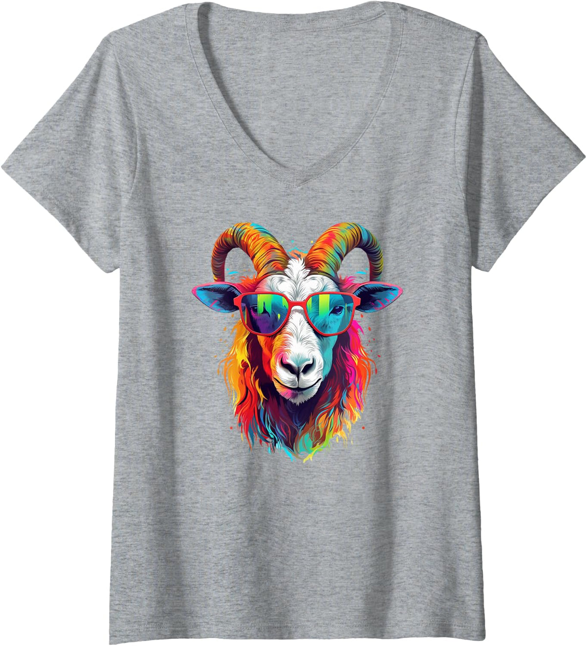 Women's Dripping Psychedelic Goat Trippy Splatter V-Neck T-Shirt - Heather Grey