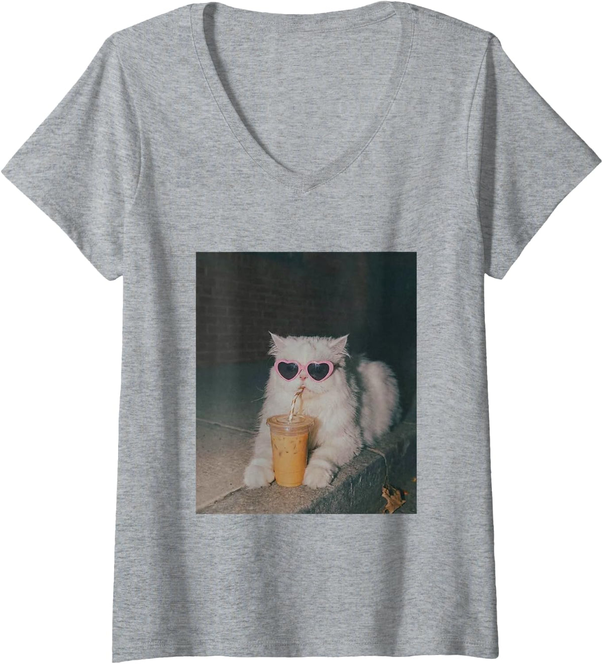 Women's Persian Cat, Iced Coffee Cat Mom V-Neck T-Shirt - Heather Grey