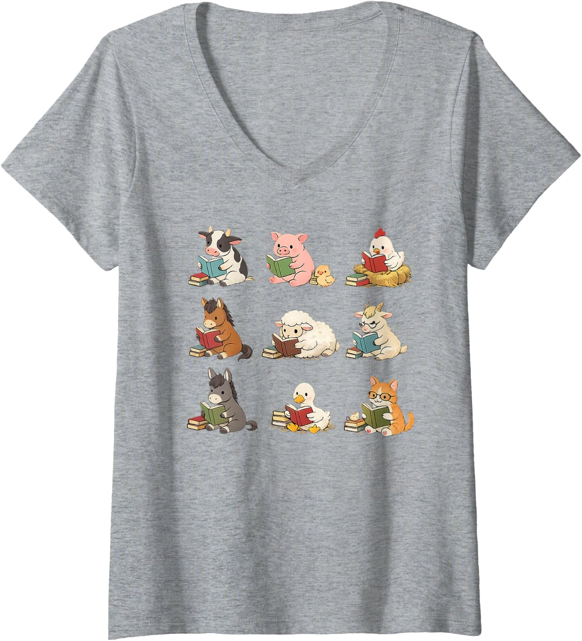 Women's Cute Farm Animals Reading Books Book Lover V-Neck T-Shirt - Heather Grey