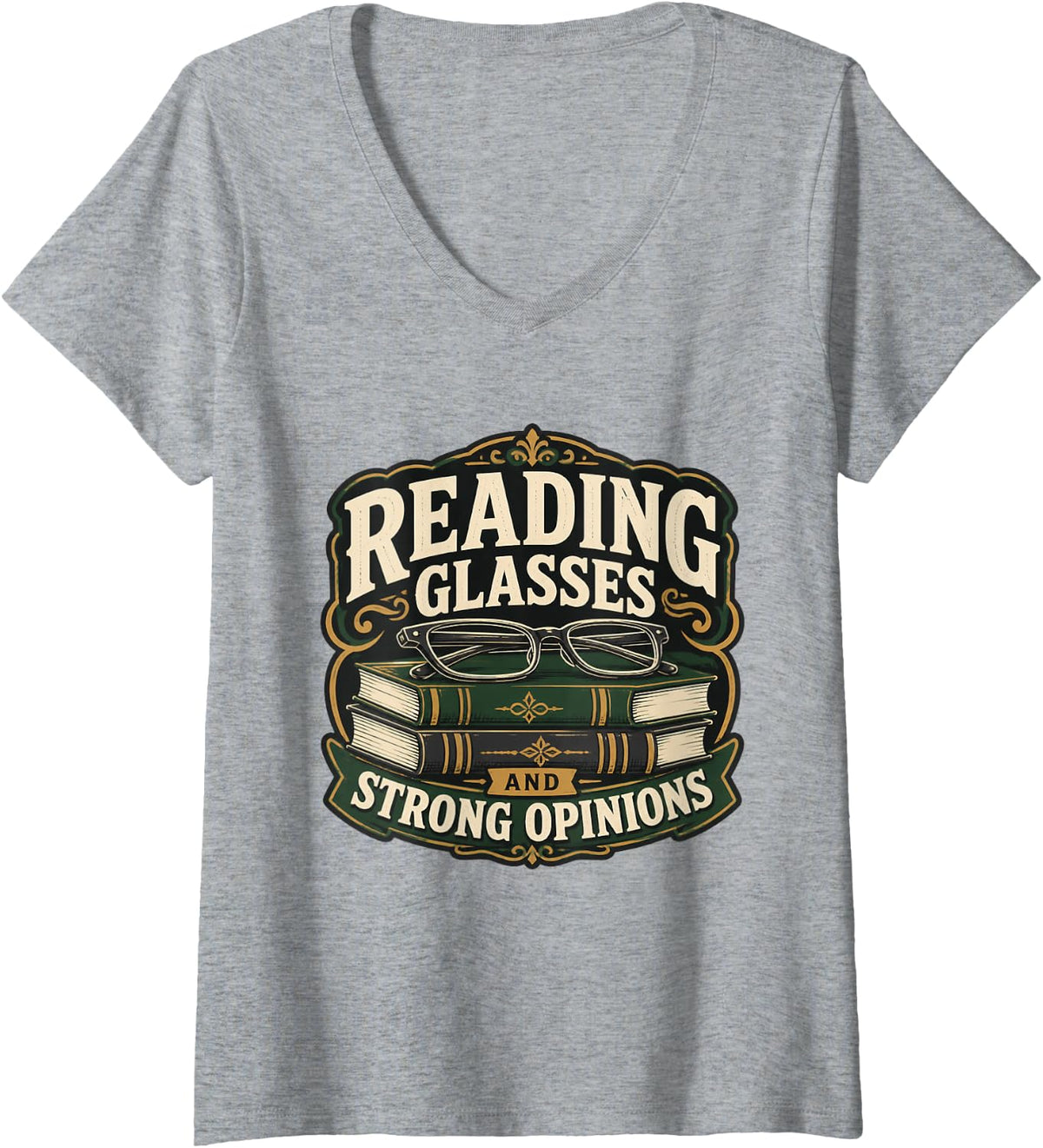 Women's Reading Glasses and Strong Opinions Librarian Library Books V-Neck T-Shirt - Heather Grey