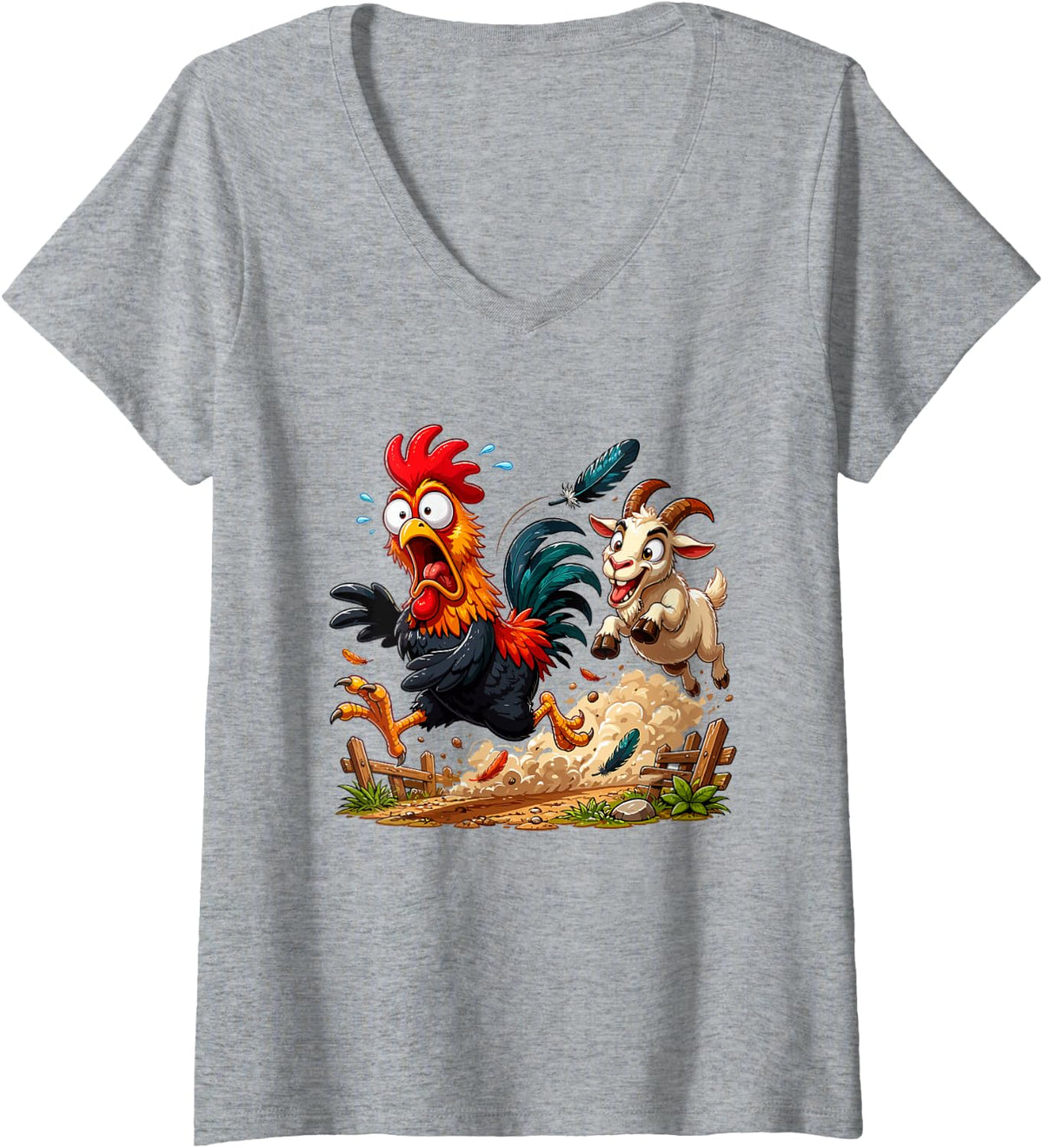 Women's Farmyard Rooster Goat Chase Country Animal Humor V-Neck T-Shirt - Heather Grey