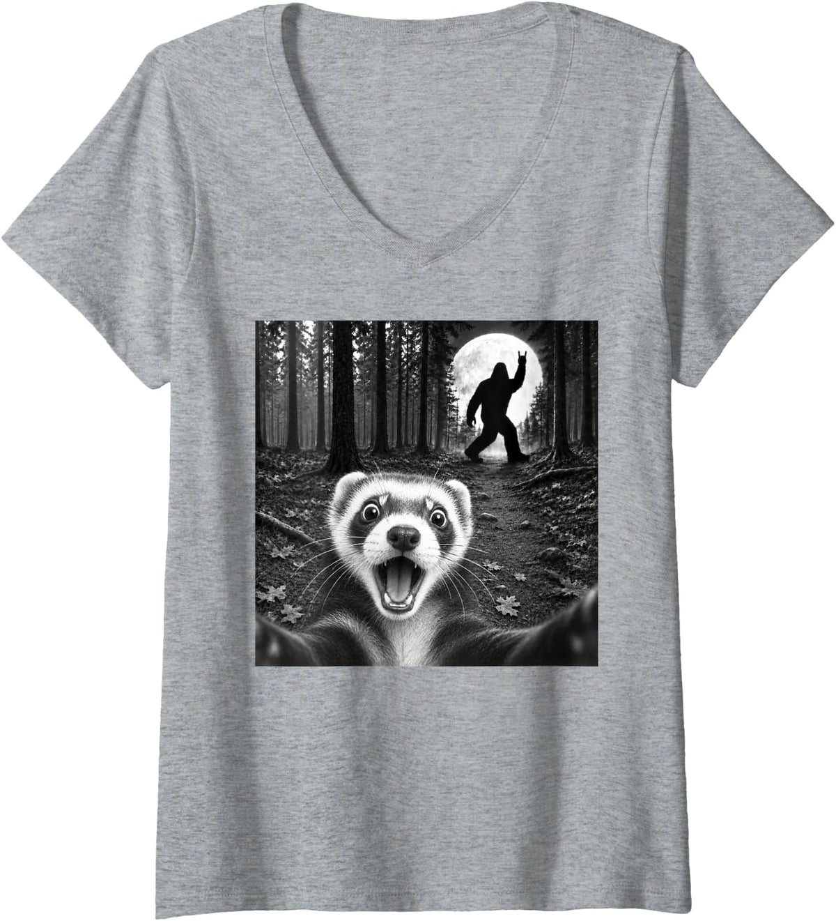 Women's Ferret Selfie with Bigfoot Rock and Roll Sasquatch V-Neck T-Shirt - Heather Grey
