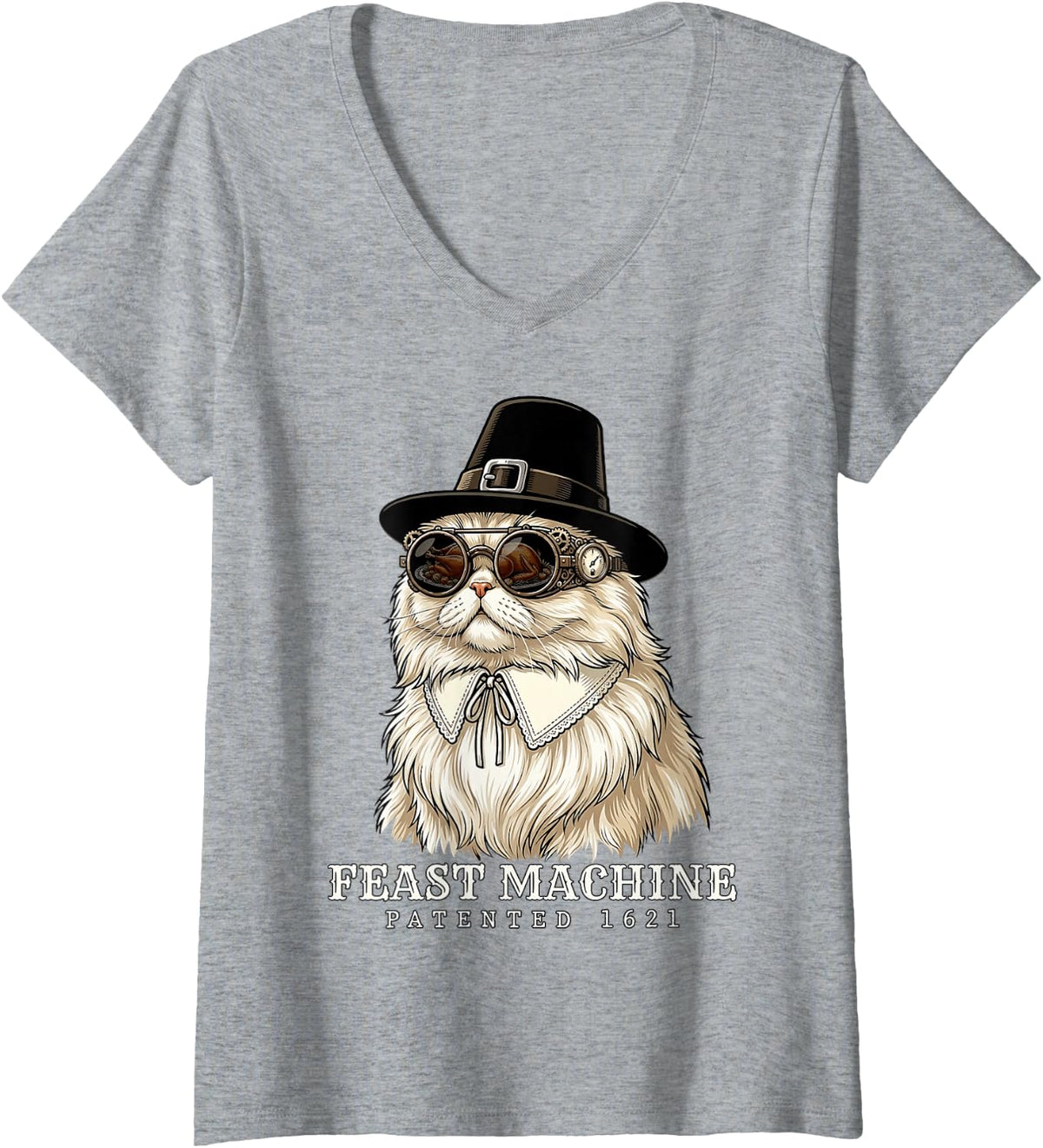 Women's Persian Cat Vintage Retro Turkey Day Dinner Fall Harvest V-Neck T-Shirt - Heather Grey