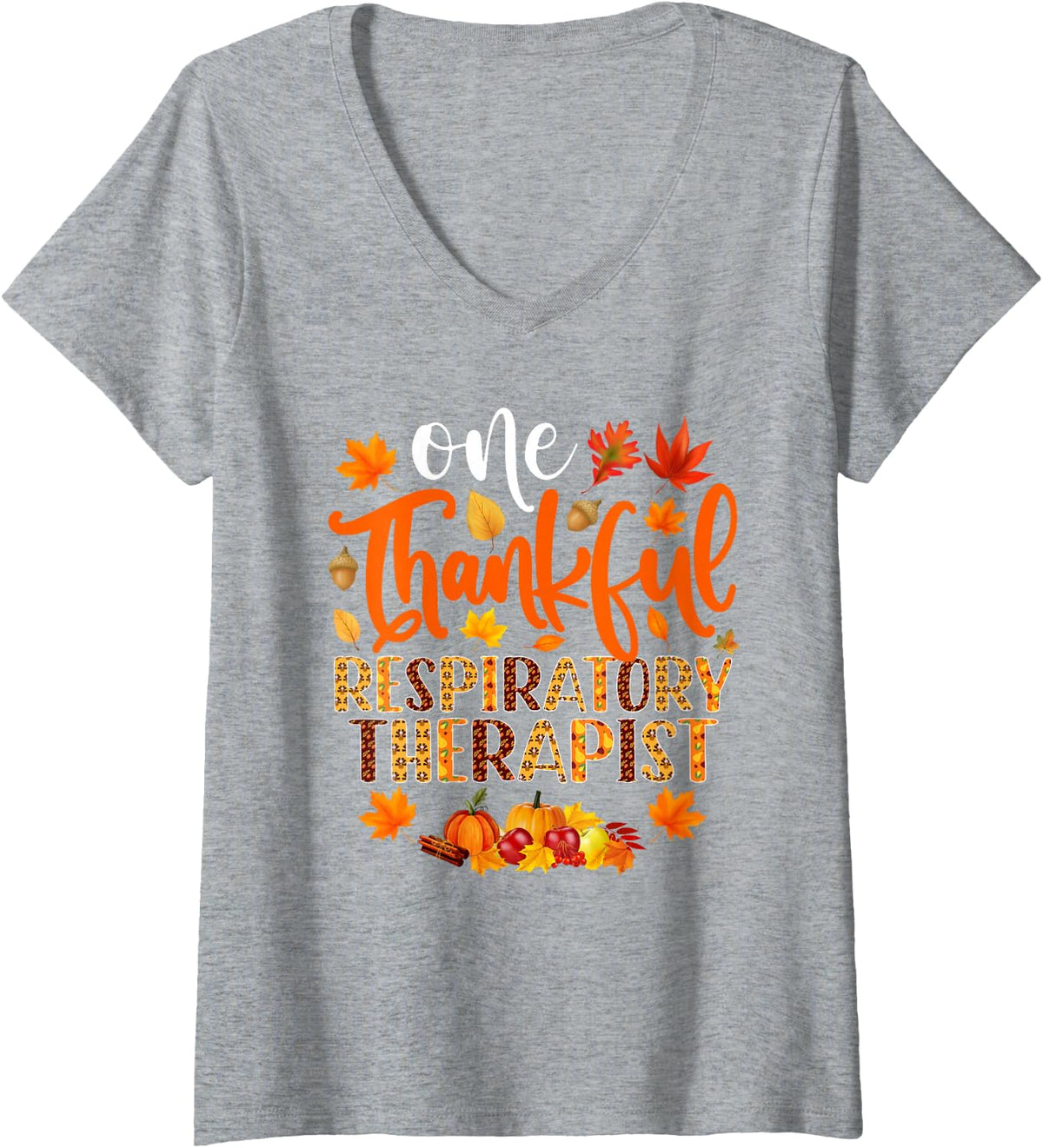 Women's One Thankful Respiratory Therapist Funny Fall Thanksgiving V-Neck T-Shirt - Heather Grey