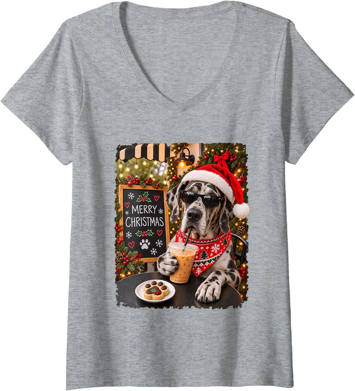 Women's Merry Christmas Chill Great Dane Coffee Santa Hat Holiday V-Neck T-Shirt - Heather Grey