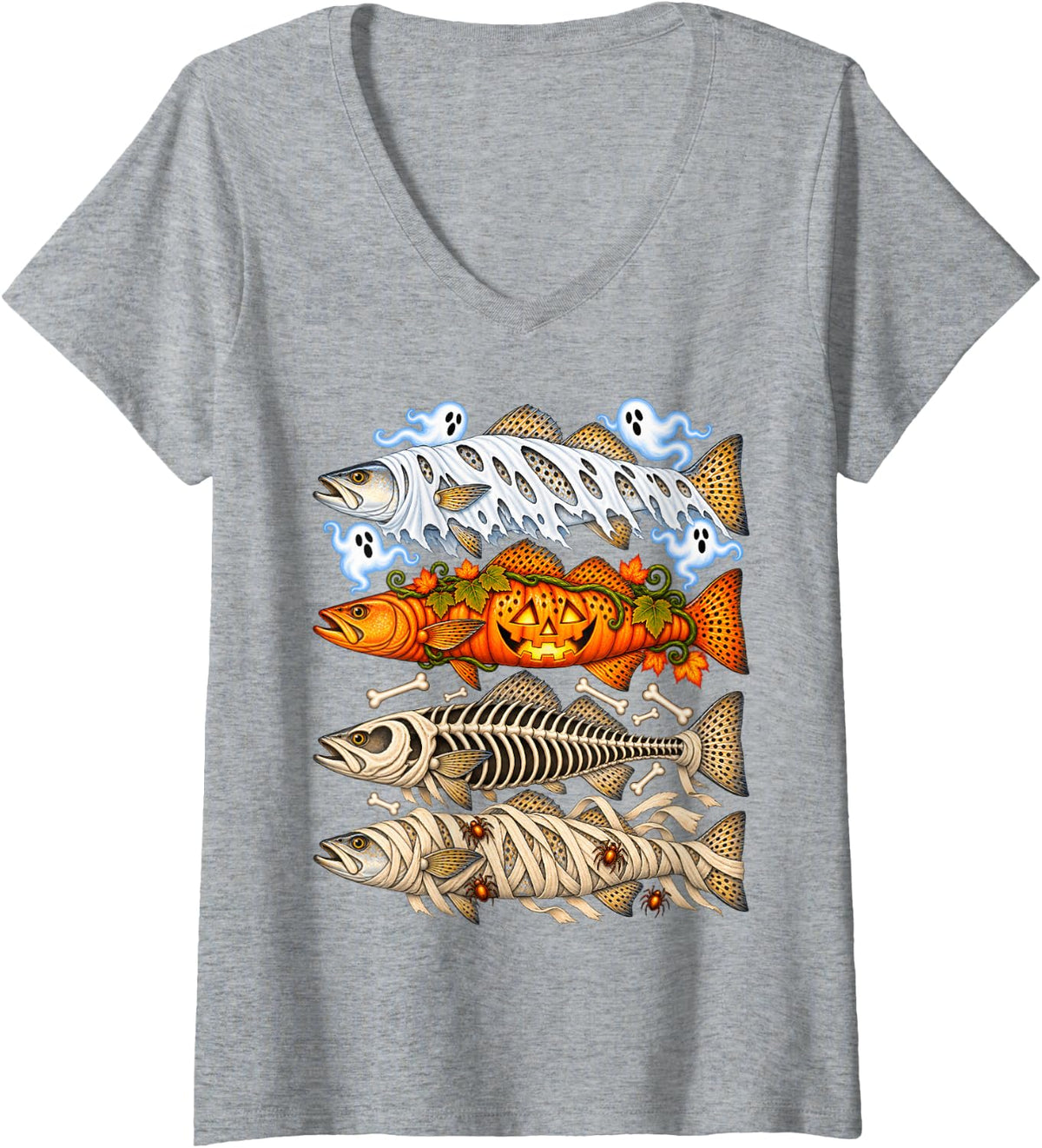 Women's Halloween Spotted Seatrout Fishing Halloween Design V-Neck T-Shirt - Heather Grey