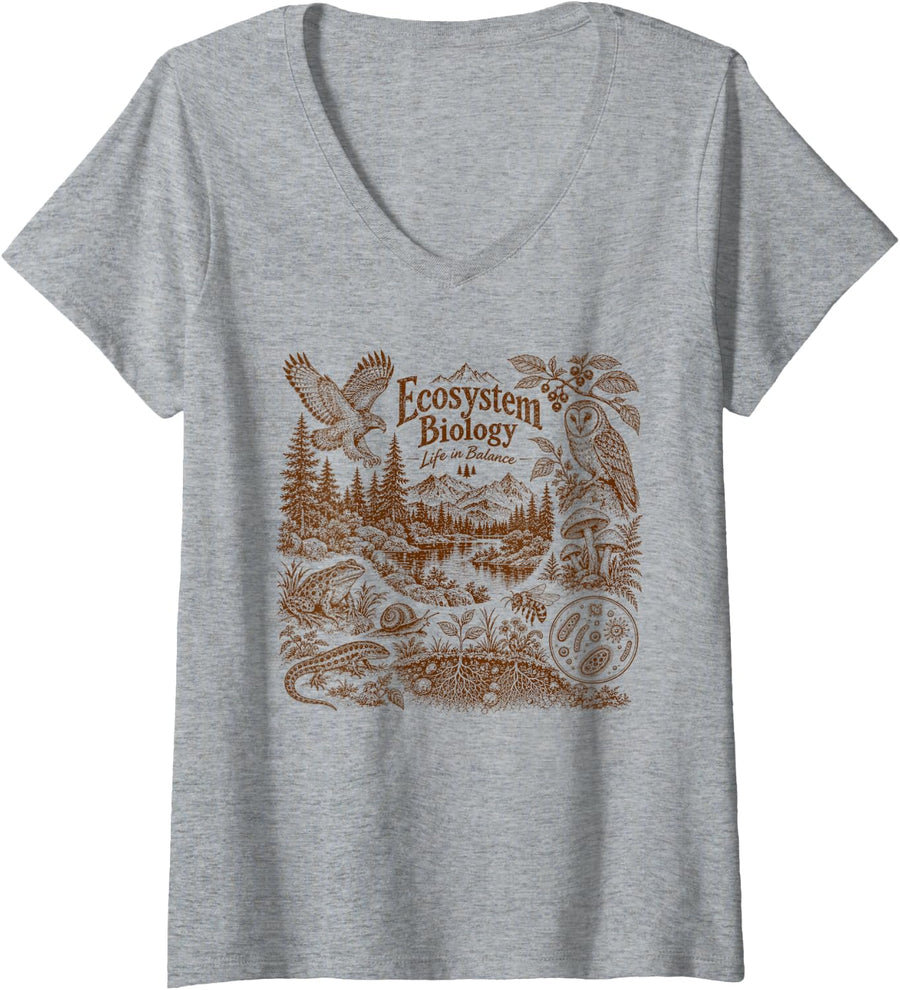 Women's Ecosystem Biology Teacher Vintage 90s Nature Lover Biologist V-Neck T-Shirt - Heather Grey