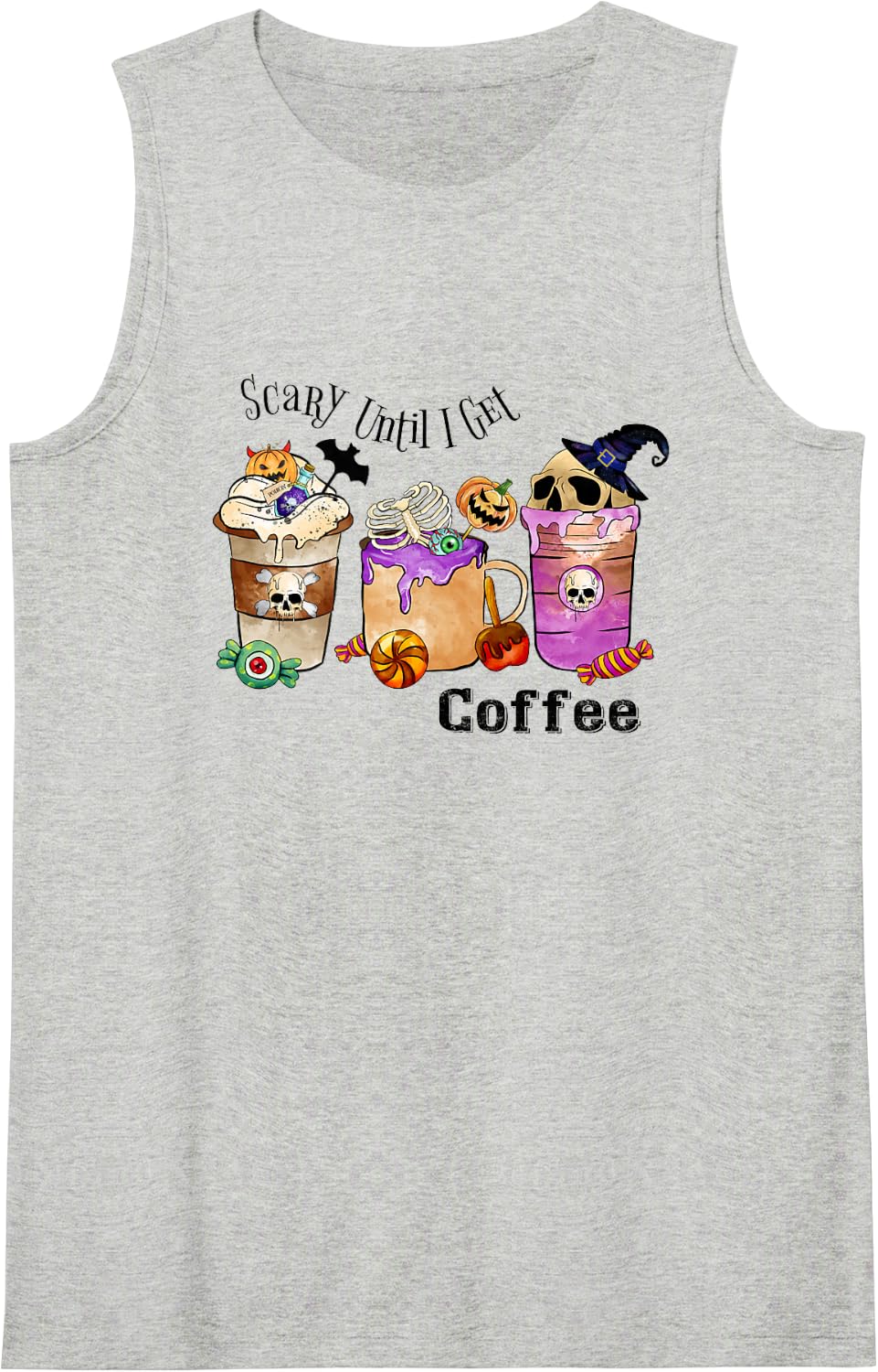 Scary Until I Get Coffee Funny Halloween Coffee Latte Lover Sleeveless Tank Top - Heather Grey