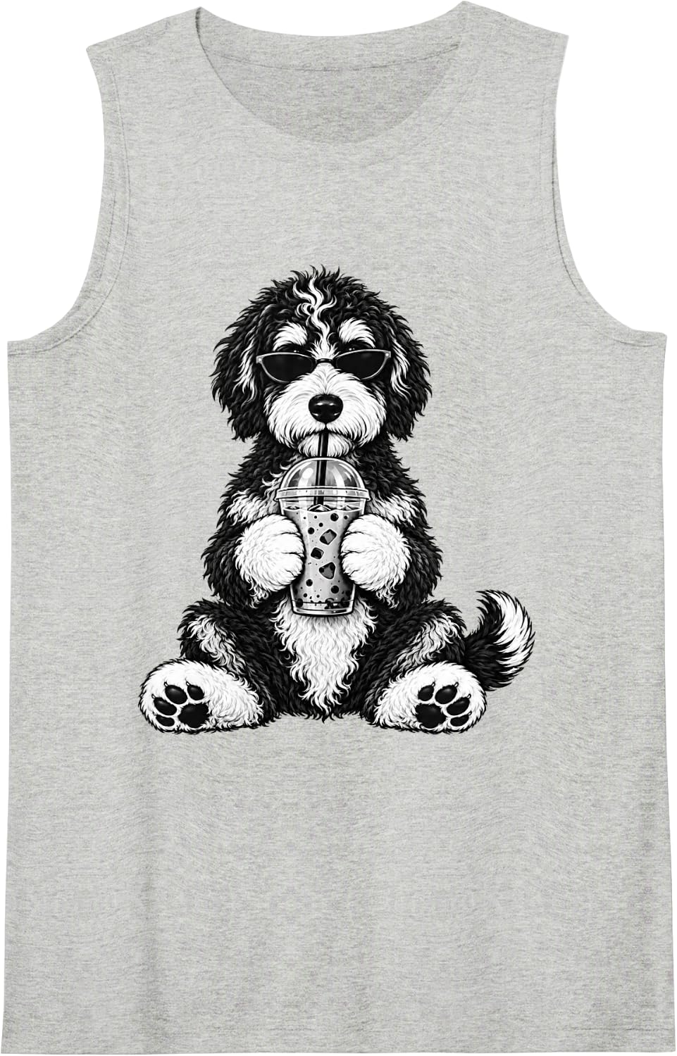 Funny Bernedoodle Iced Coffee Dog Sunglasses Graphic Sleeveless Tank Top - Heather Grey