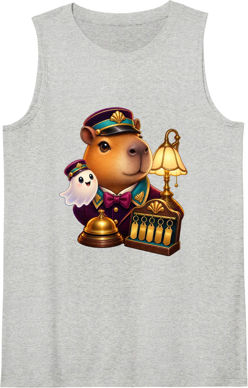 Calm Capybara Ghost Hotel Night Clerk Vertical Emblem Sleeveless Tank Top - Heather Grey